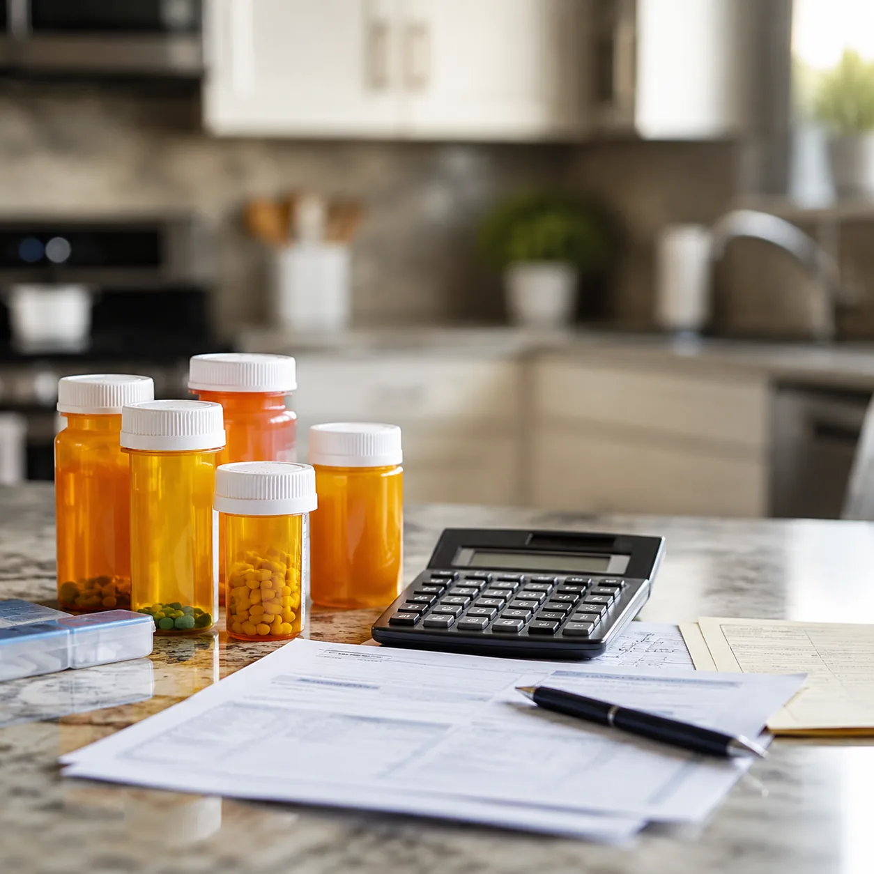 Realistic editorial photo of prescription bottles, pharmacy paperwork, and a calculator on a kitchen counter, practical