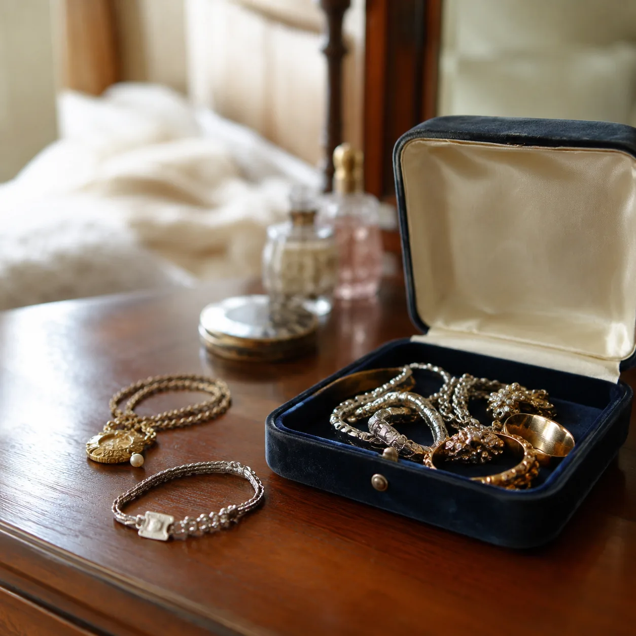 Realistic editorial photo of vintage gold and silver jewelry in a velvet box on a bedroom dresser, soft daylight, 1:1 sq