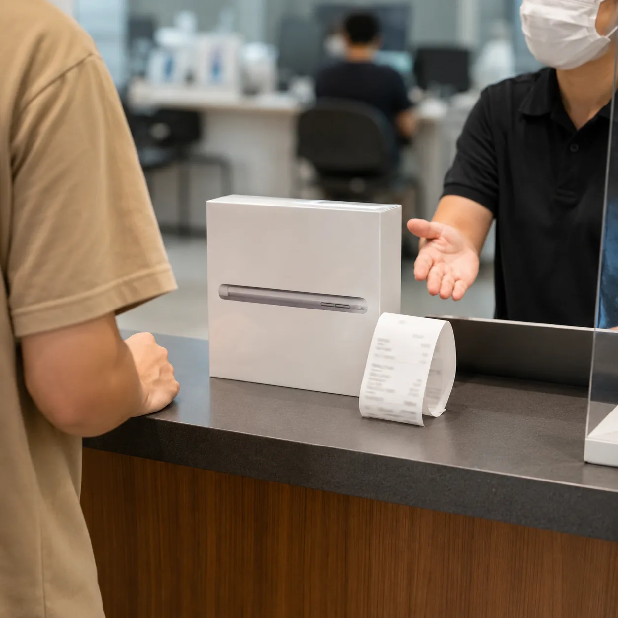 Realistic editorial photo of a boxed electronic item, receipt, and customer service counter area without visible brandin