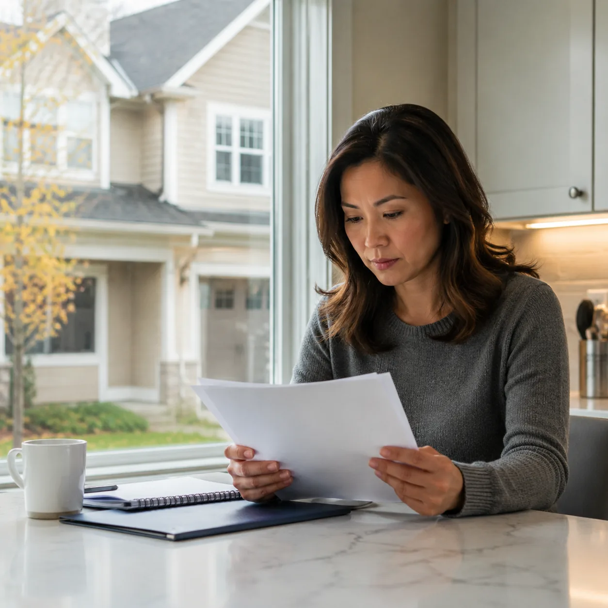 Realistic editorial photo of a buyer reading HOA rules at a kitchen counter with a townhouse visible through window, sof