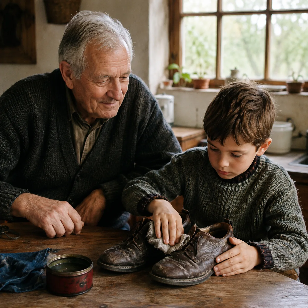 Realistic editorial photo of a child polishing scuffed shoes beside an older relative at a kitchen table, warm natural l