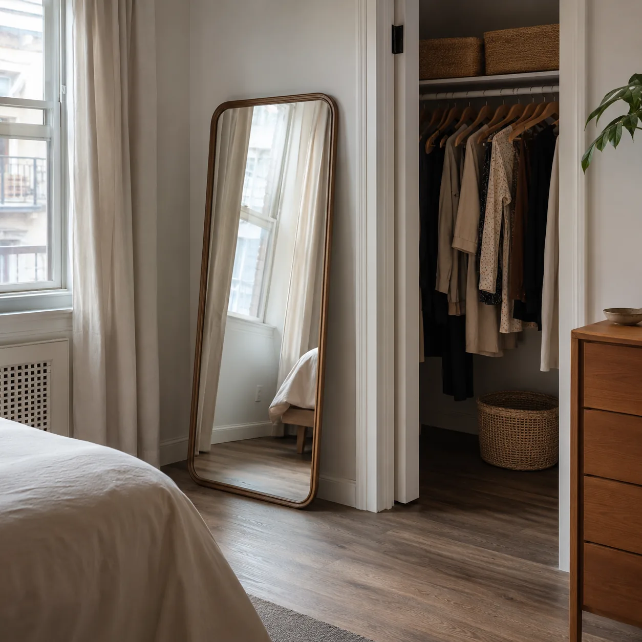 Realistic editorial photo of a full-length mirror leaning safely near a bedroom closet in a smaller apartment, practical
