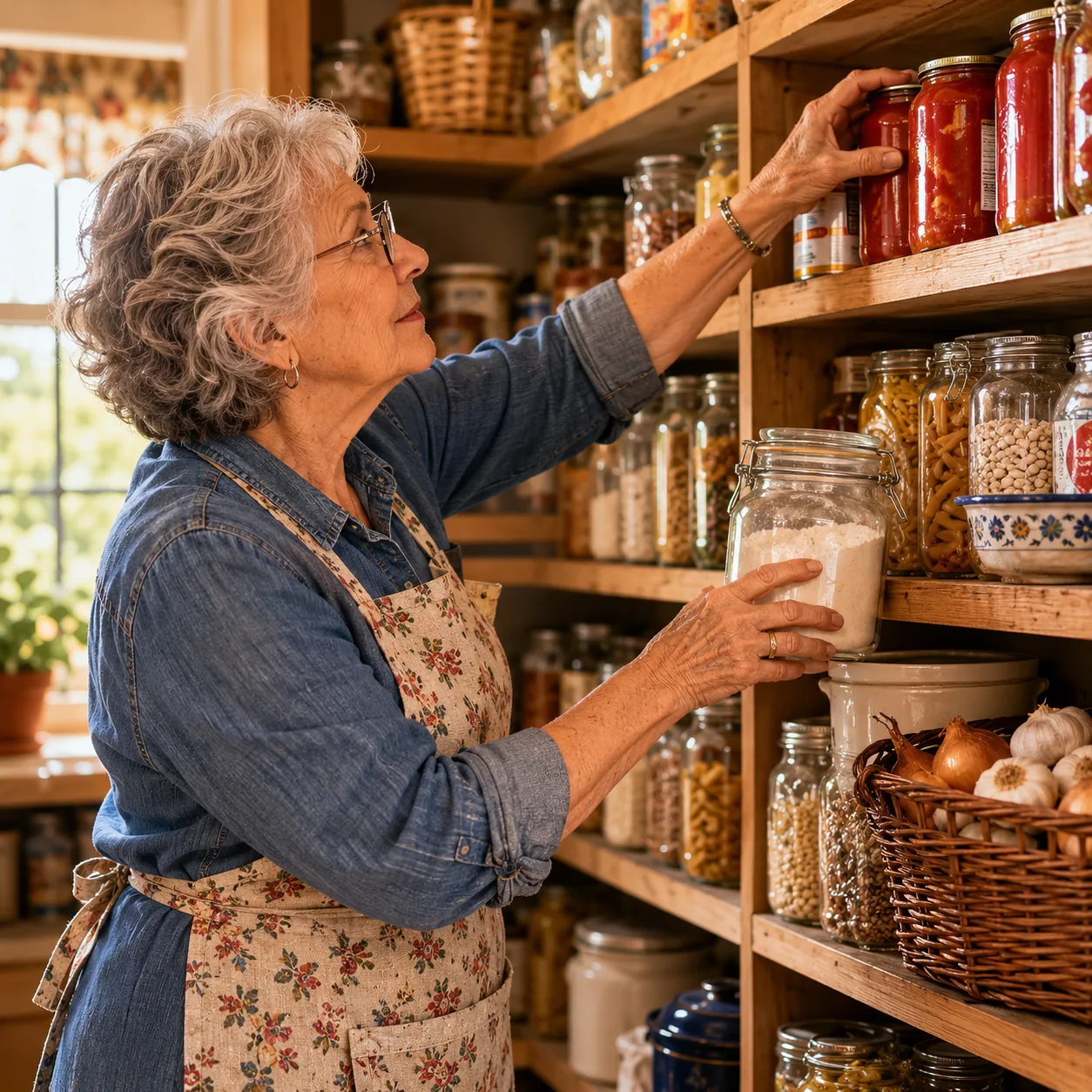 Realistic editorial photo of a grandmother reaching for flour and canned tomatoes on a full pantry shelf, warm natural l