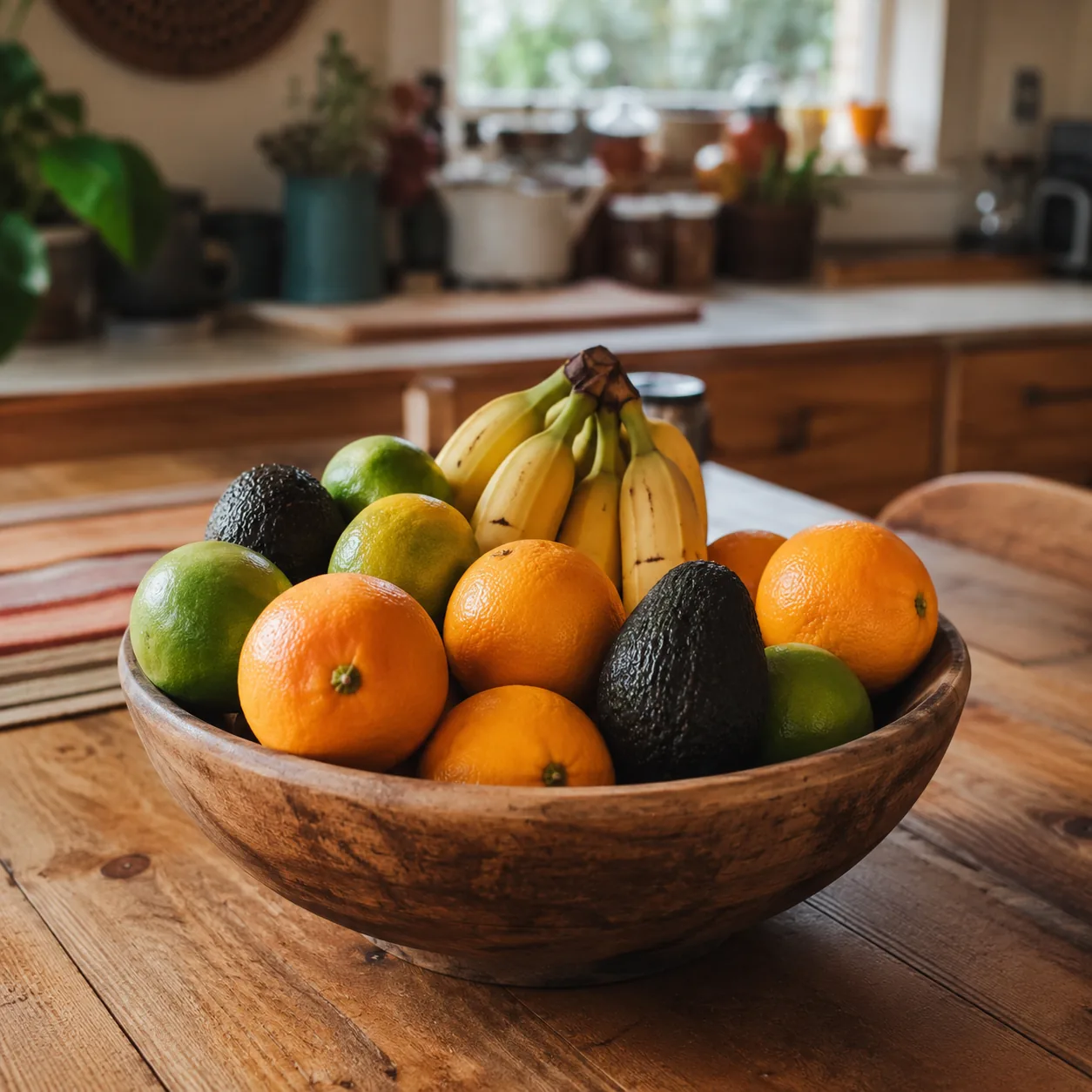 Realistic editorial photo of a kitchen table bowl filled with oranges, bananas, limes, and avocados in a warm family hom