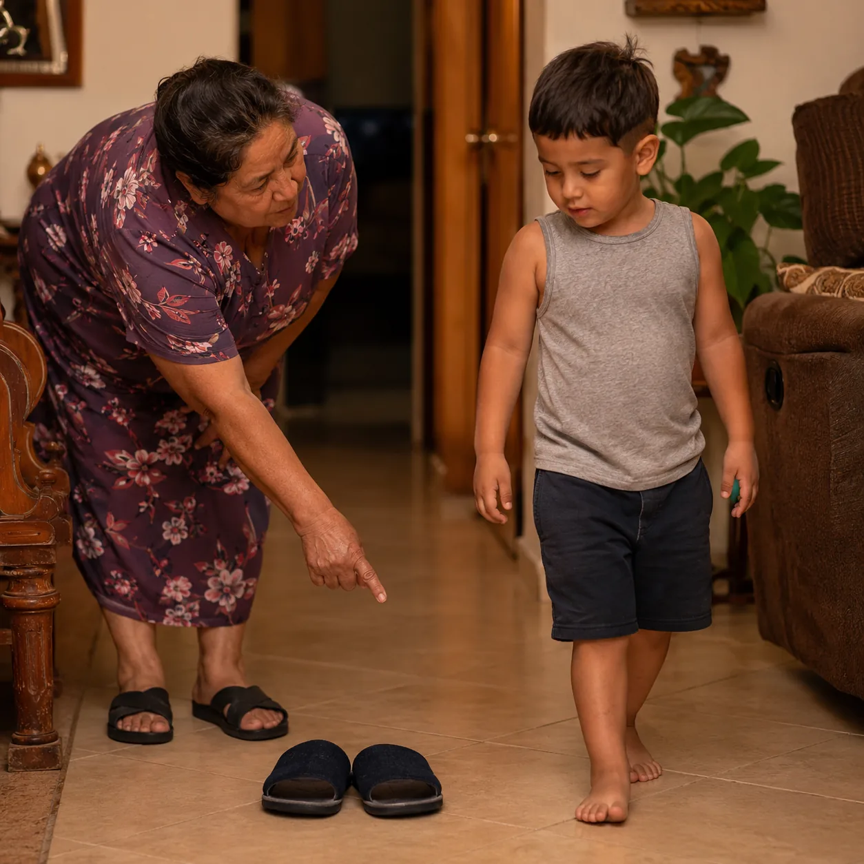 Realistic editorial photo of a Latino child walking barefoot on tile while an older relative gestures toward house slipp