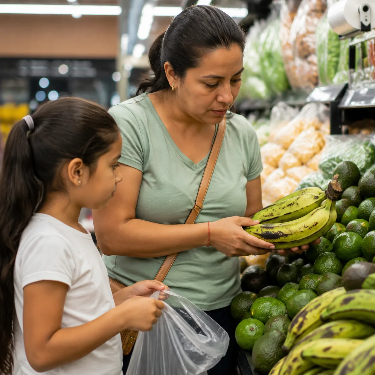 Realistic editorial photo of a Latino mother inspecting ripe plantains and avocados in a produce section while a child h