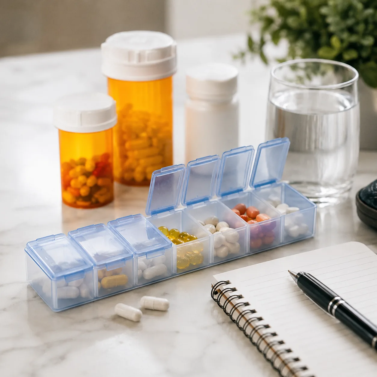 Realistic editorial photo of a pill organizer, prescription bottles, and notebook on a clean counter, practical consumer