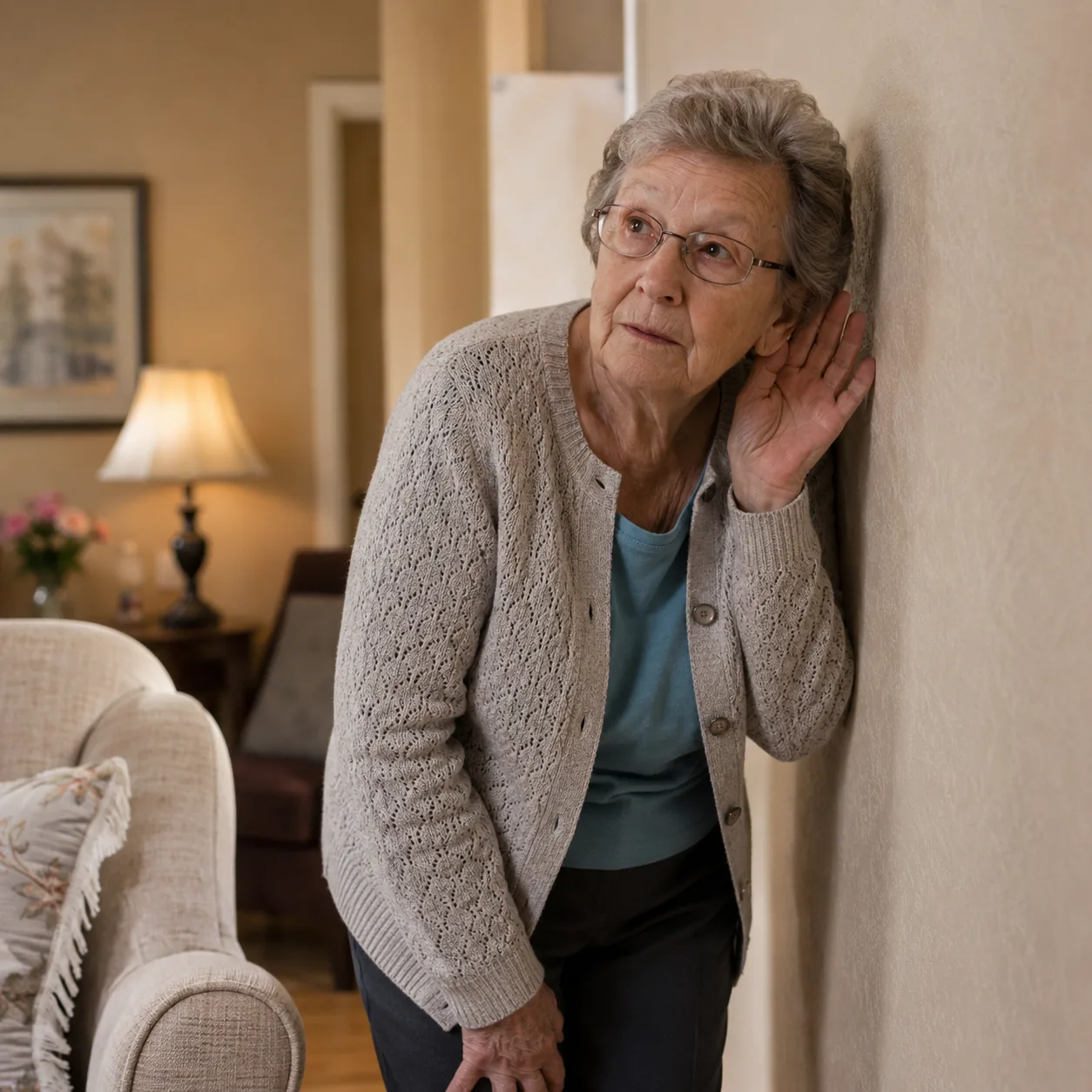 Realistic editorial photo of a quiet attached retirement community living room with an older resident listening near a s
