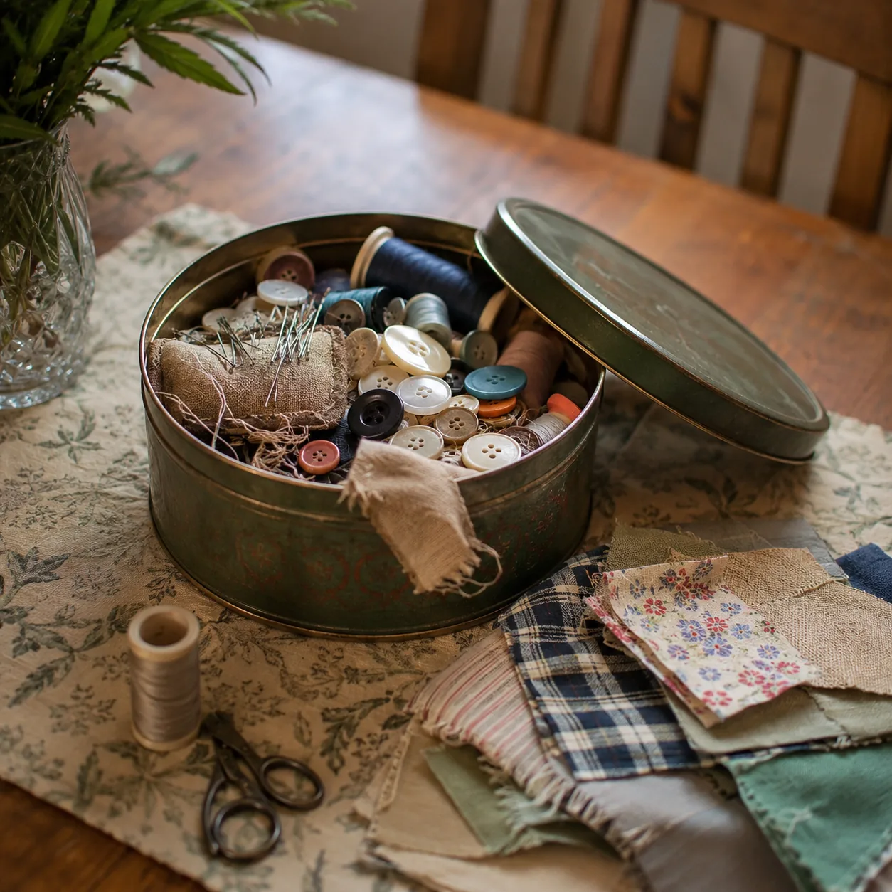 Realistic editorial photo of a sewing tin with buttons, needles, thread, and fabric scraps on a dining table, warm natur