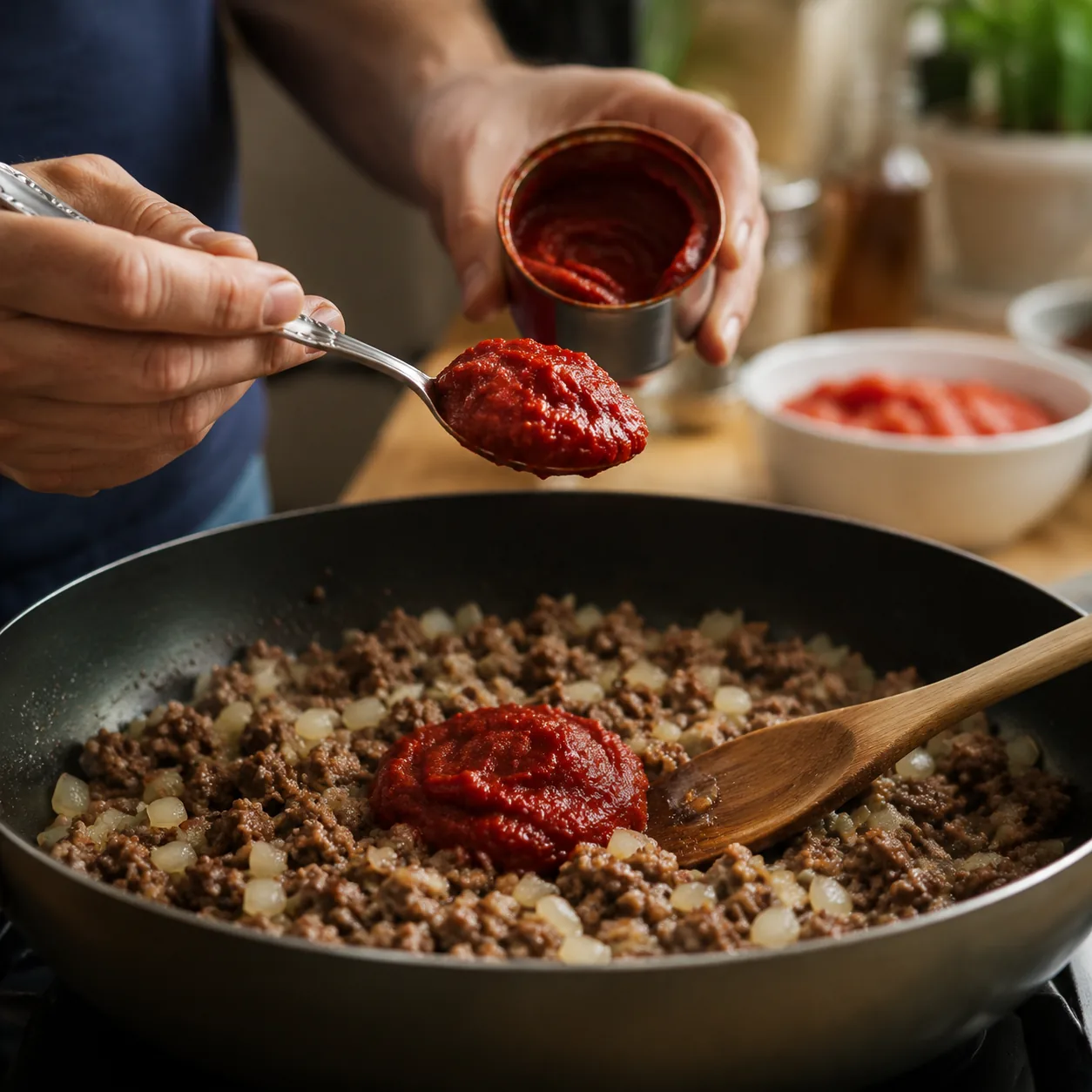 Realistic editorial photo of a small can of tomato paste being spooned into a skillet with onions and ground beef, pract