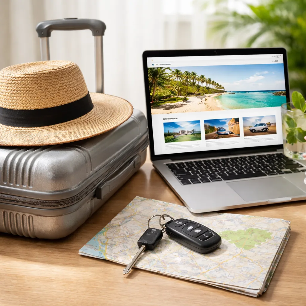 Realistic editorial photo of a suitcase, beach hat, rental car keys, and laptop travel booking screen without visible te