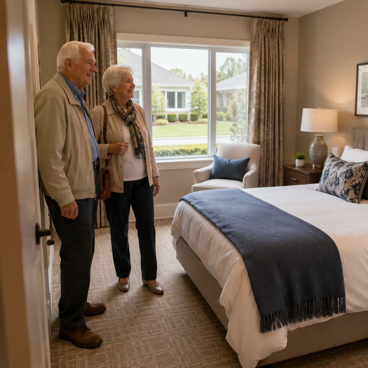 Realistic editorial photo of a tidy guest suite in a retirement community clubhouse with an older couple inspecting the