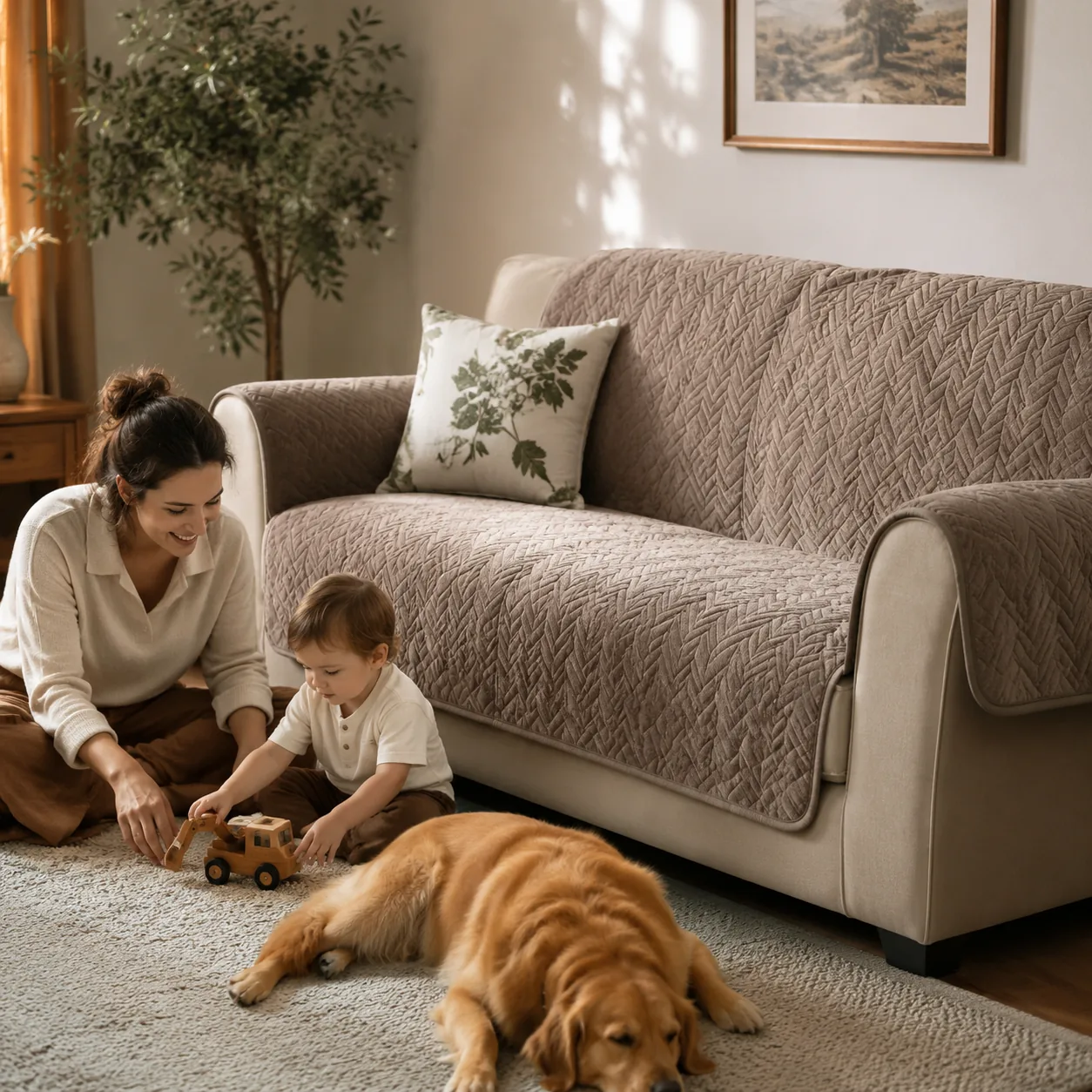 Realistic editorial photo of a tidy sofa with protective throws in a family living room, warm afternoon light, realistic