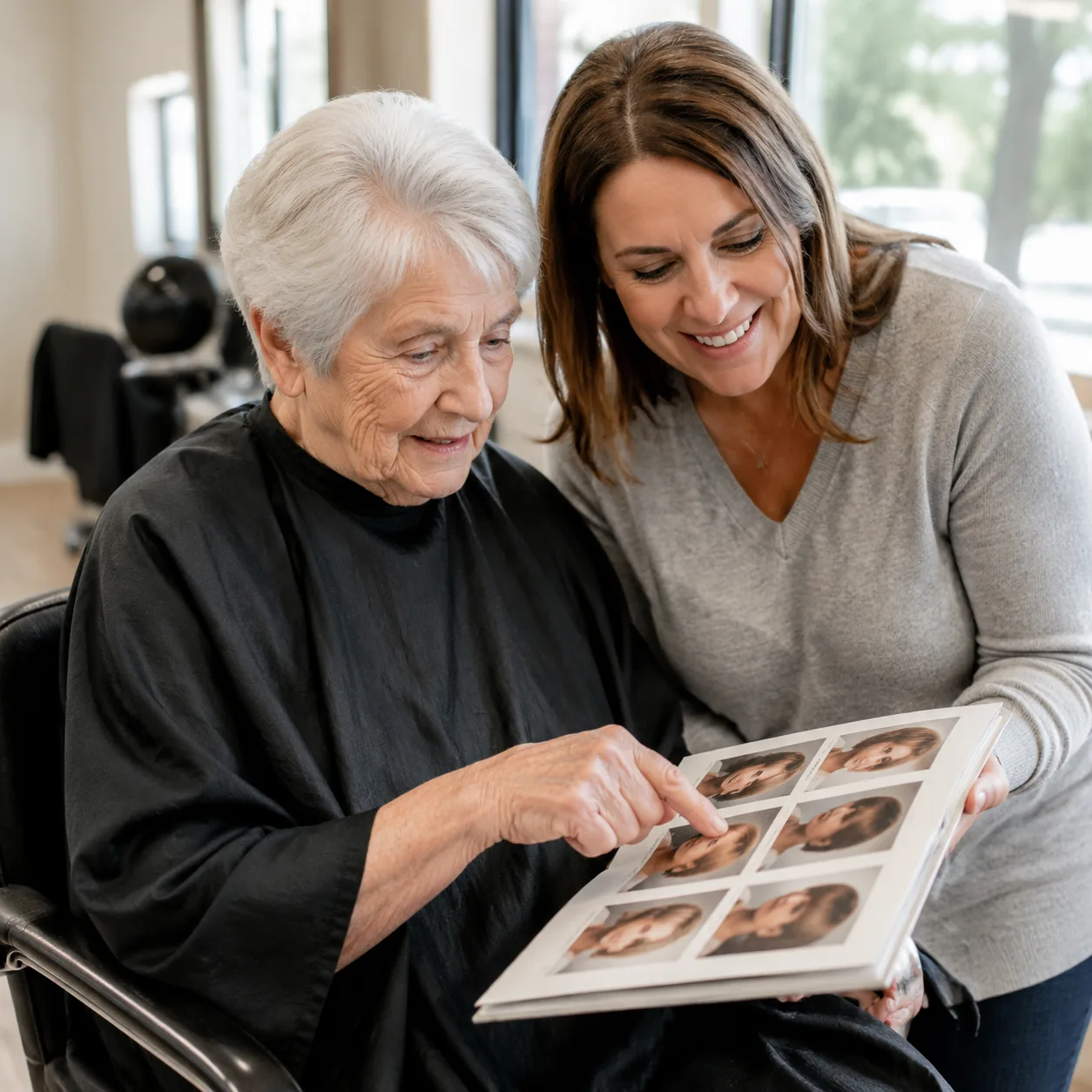 Realistic editorial photo of an assisted living salon chair with an older woman and adult daughter reviewing grooming ap