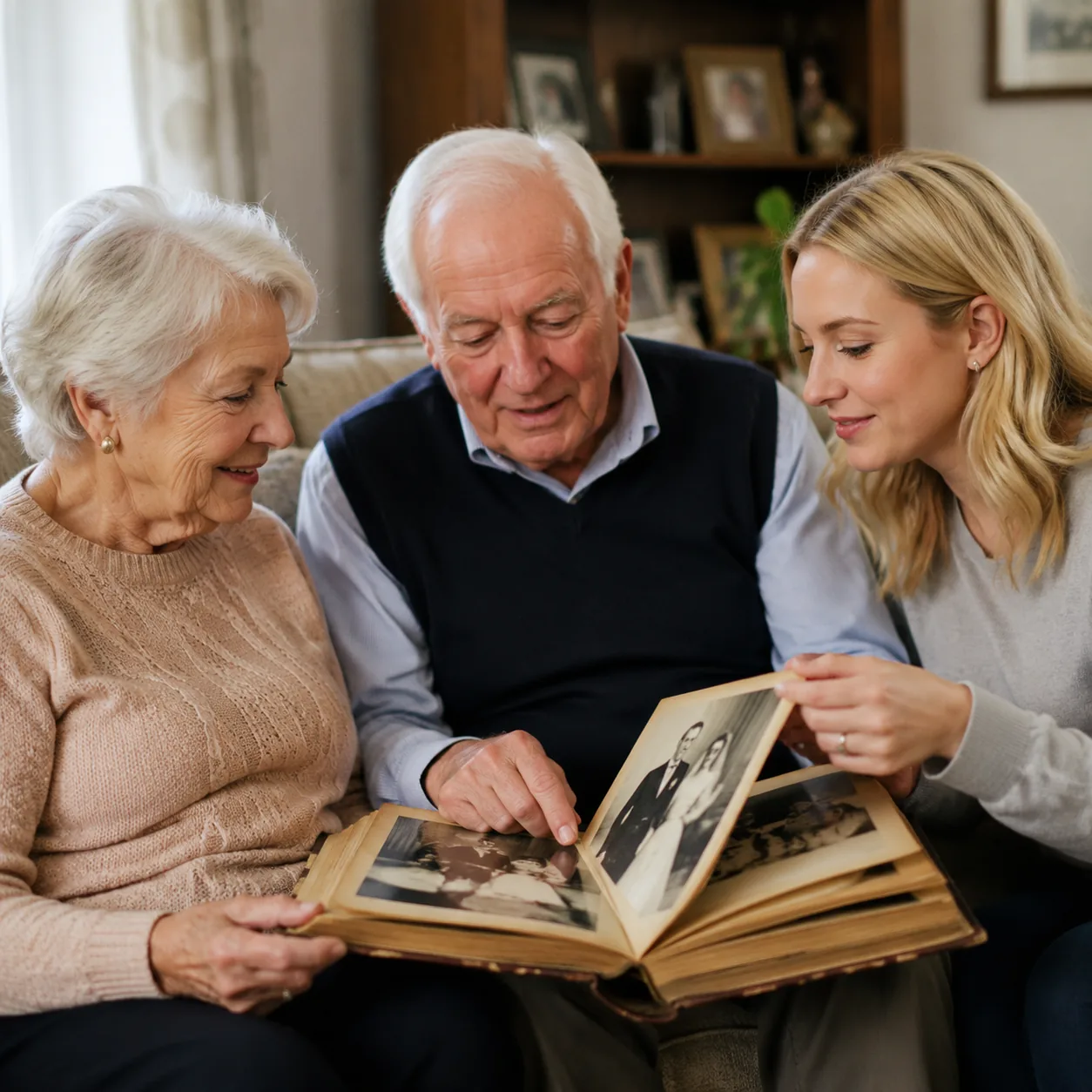 Realistic editorial photo of an older couple looking at a worn wedding album with a younger relative, warm natural light