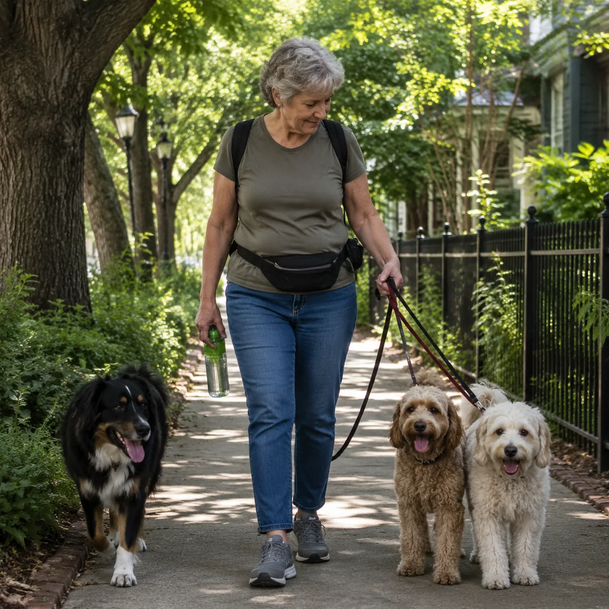 Realistic editorial photo of an older dog walker holding leashes on a shaded sidewalk with comfortable shoes and water b