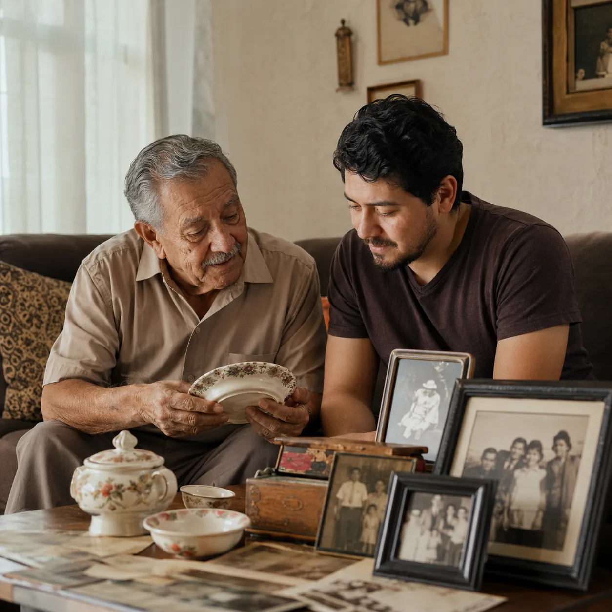 Realistic editorial photo of an older Latino grandparent showing family keepsakes, dishes, and framed photos to a young