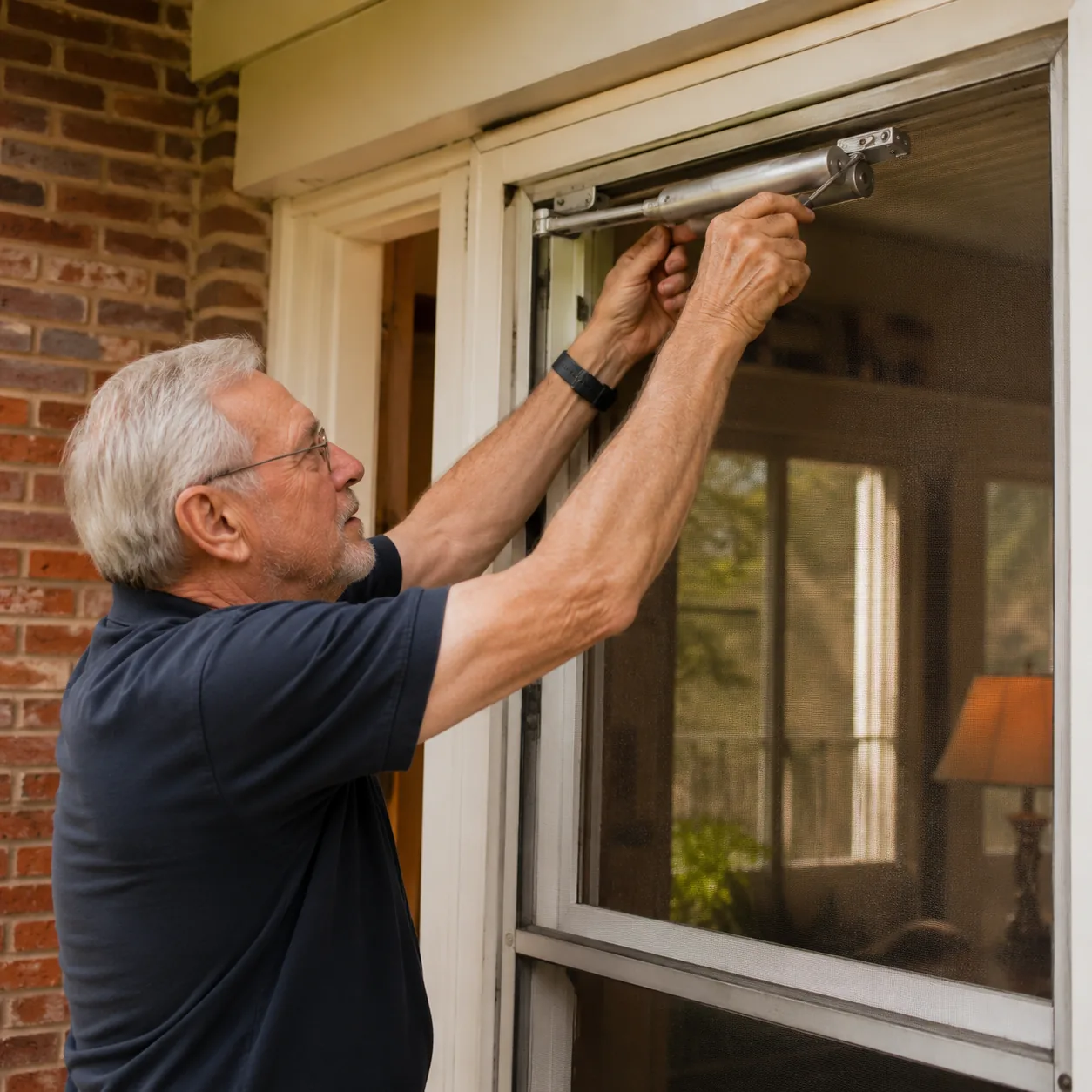 Realistic editorial photo of an older man adjusting a pneumatic screen door closer on a front porch, warm natural light,