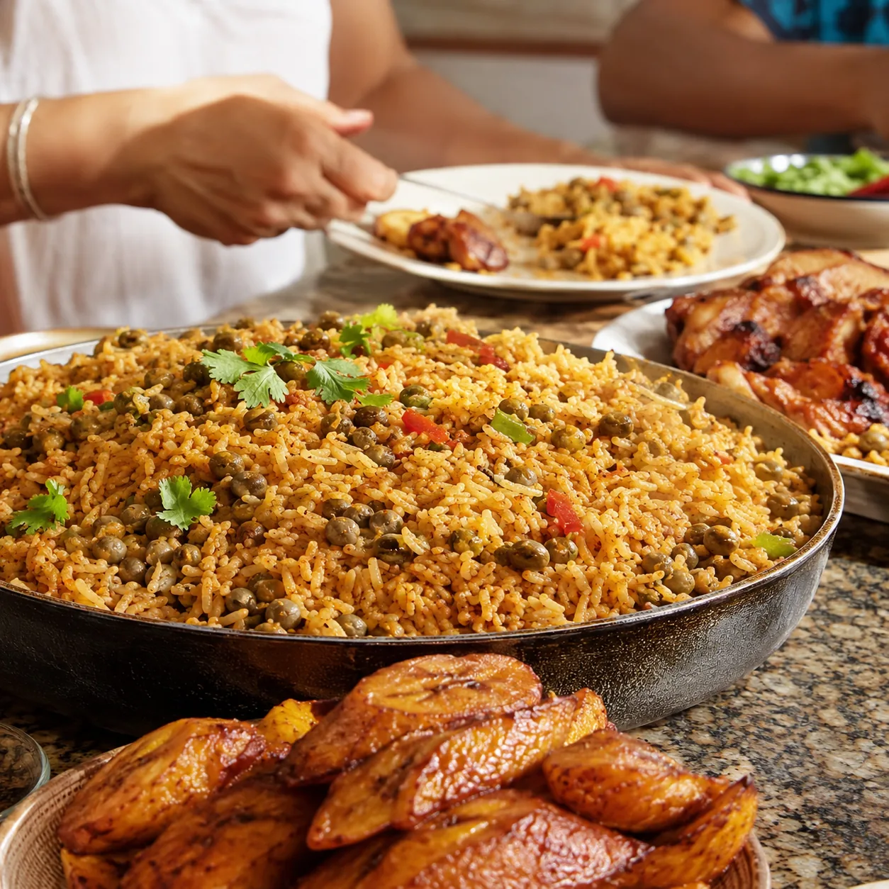 Realistic editorial photo of arroz con gandules in a serving dish with plantains and family plates nearby, warm natural