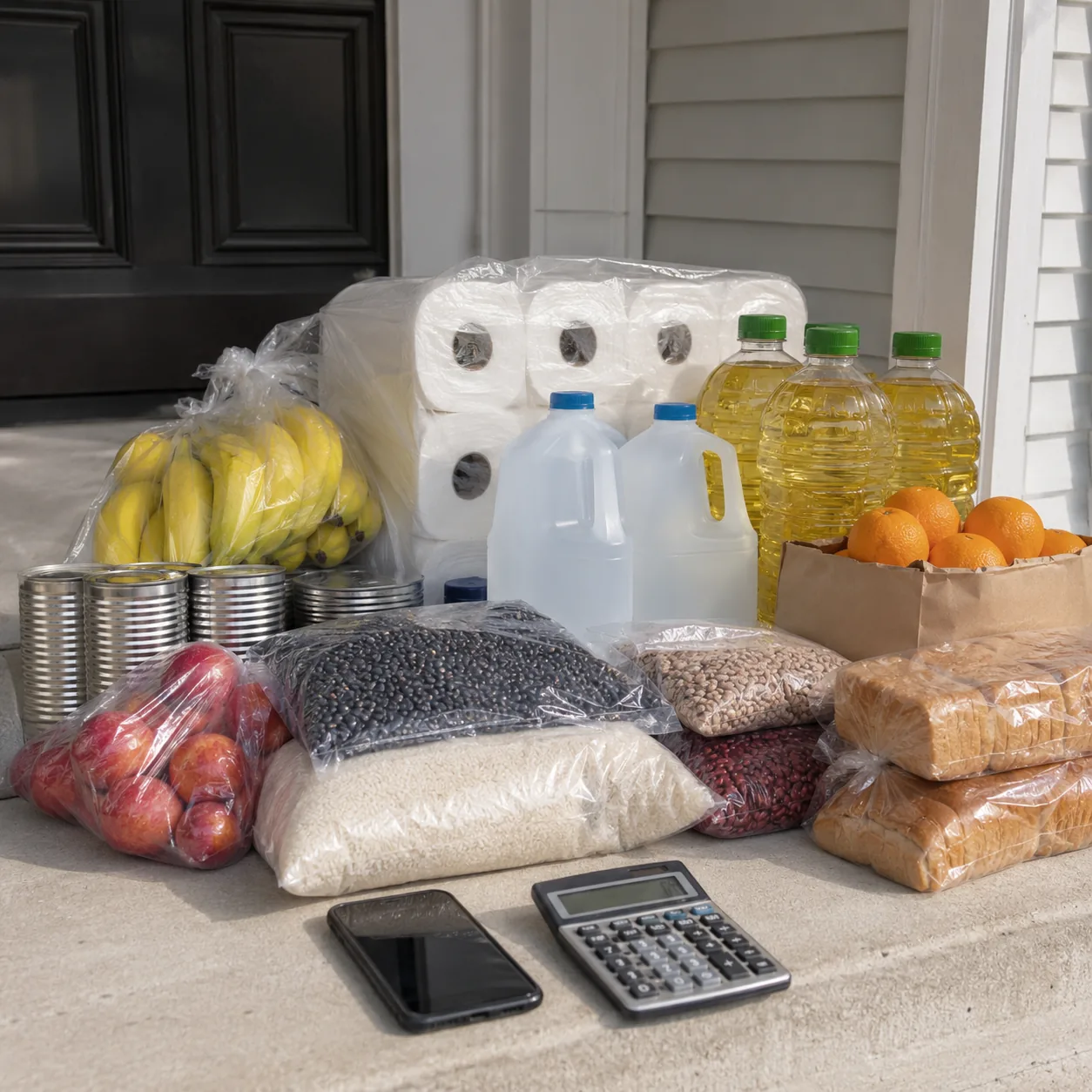 Realistic editorial photo of bulk groceries delivered to a front porch with a phone and calculator nearby, practical del