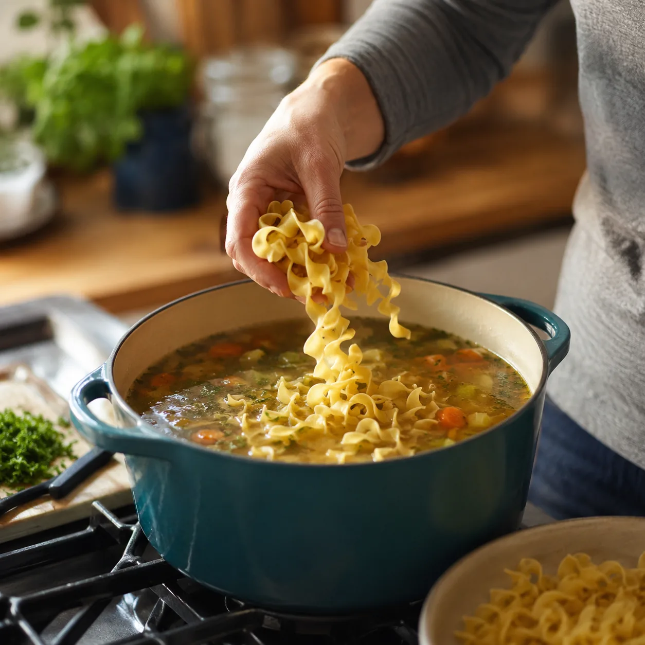 Realistic editorial photo of egg noodles being added to a pot of thin vegetable soup on a kitchen stove, practical famil