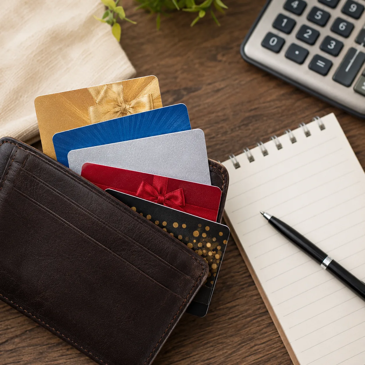 Realistic editorial photo of generic gift cards in a wallet beside a shopping list and calculator, practical consumer gu