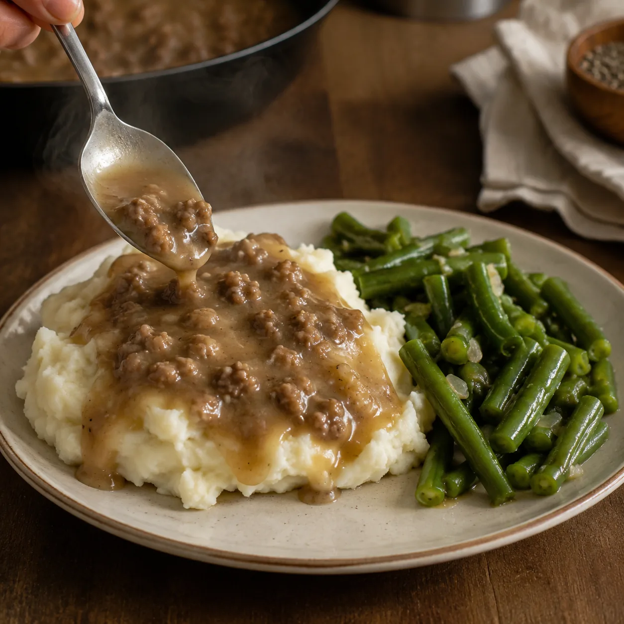 Realistic editorial photo of hamburger gravy spooned over mashed potatoes on a dinner plate beside green beans, practica