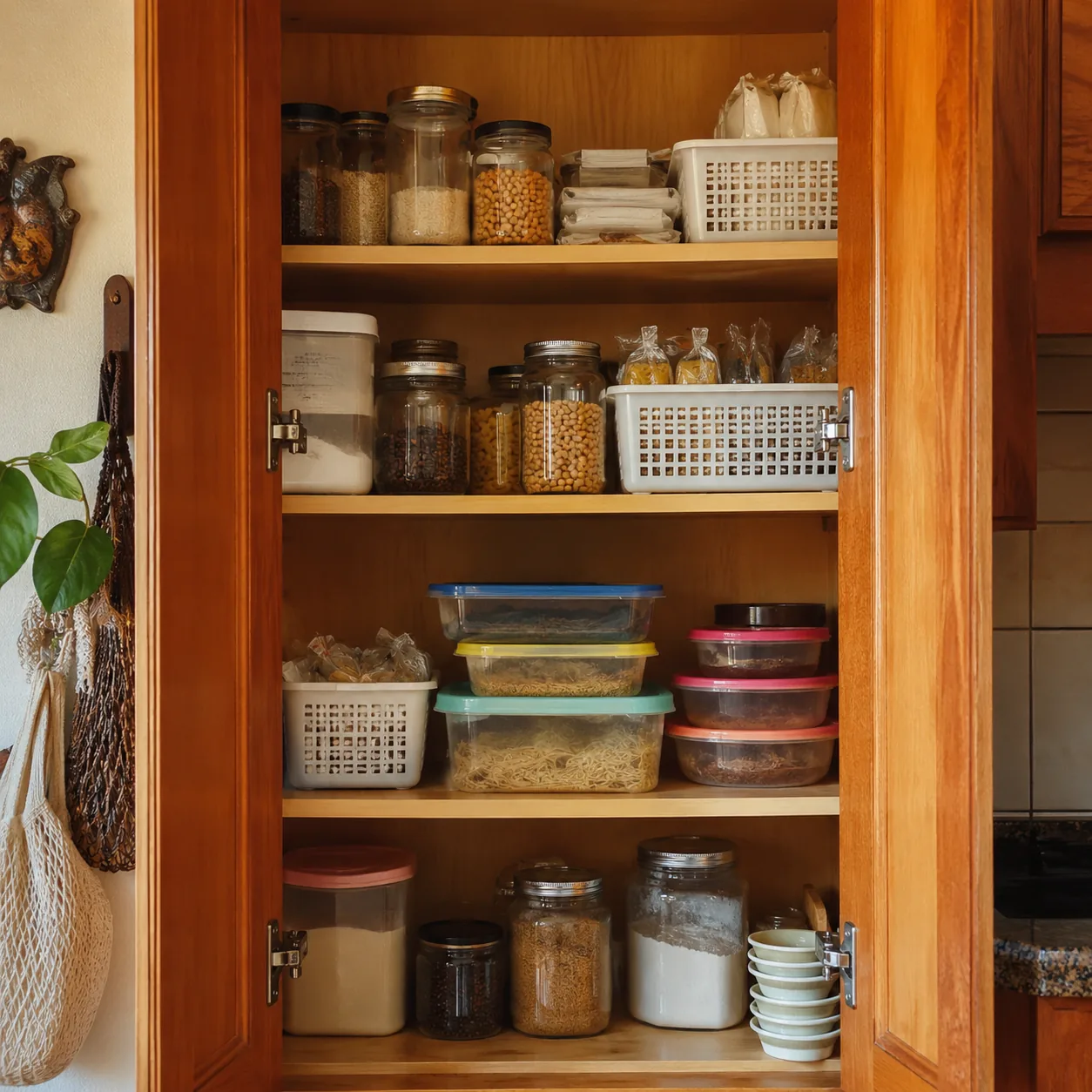 Realistic editorial photo of neatly saved jars, plastic bags, and containers in a Latino family kitchen cabinet, practic