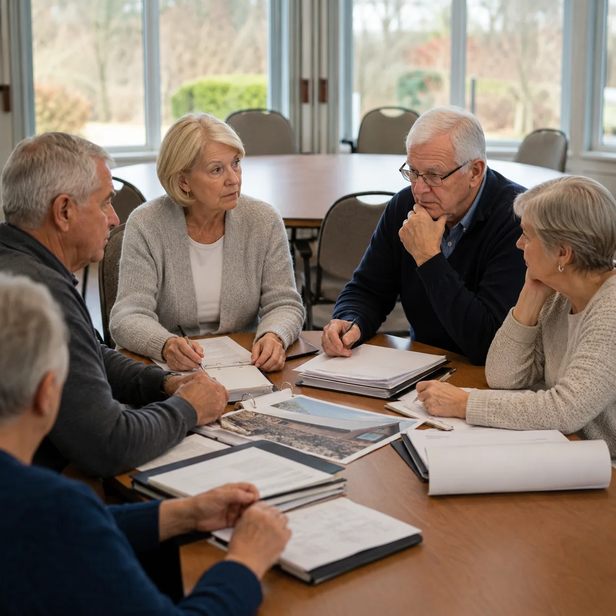 Realistic editorial photo of older residents seated in a community meeting room with folders and a repair estimate on th