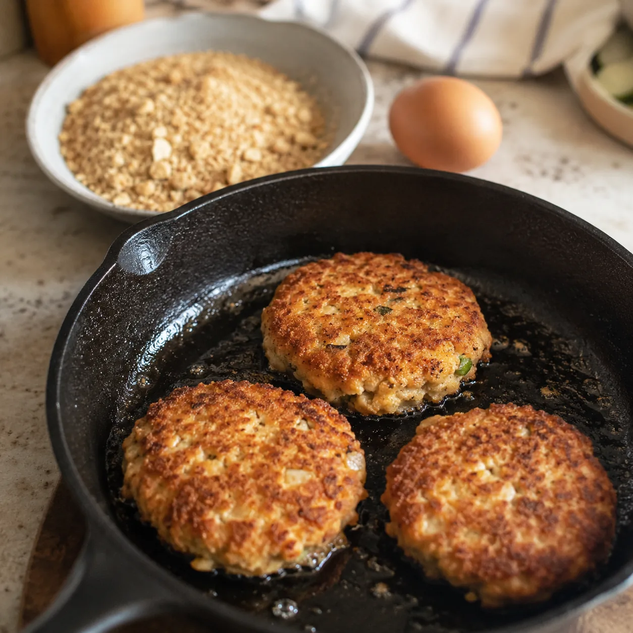 Realistic editorial photo of salmon patties frying in a cast iron skillet beside cracker crumbs and an egg on a kitchen 