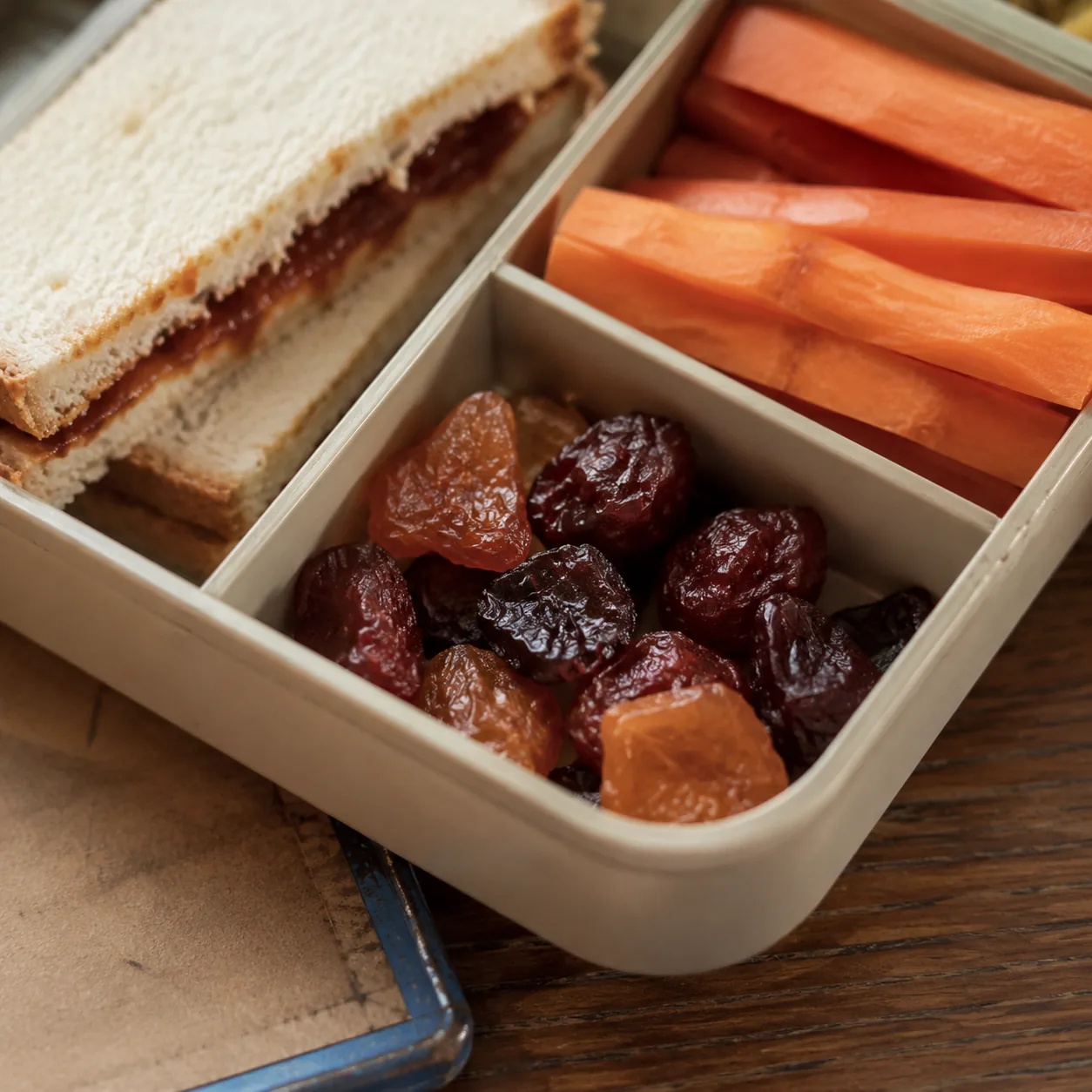 Realistic editorial photo of small wrinkled fruit snack pieces in a lunchbox compartment beside a sandwich and carrot st