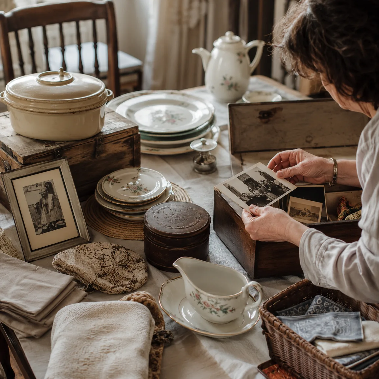 Realistic editorial photo of vintage kitchen items and family keepsakes being sorted carefully on a dining table, warm n