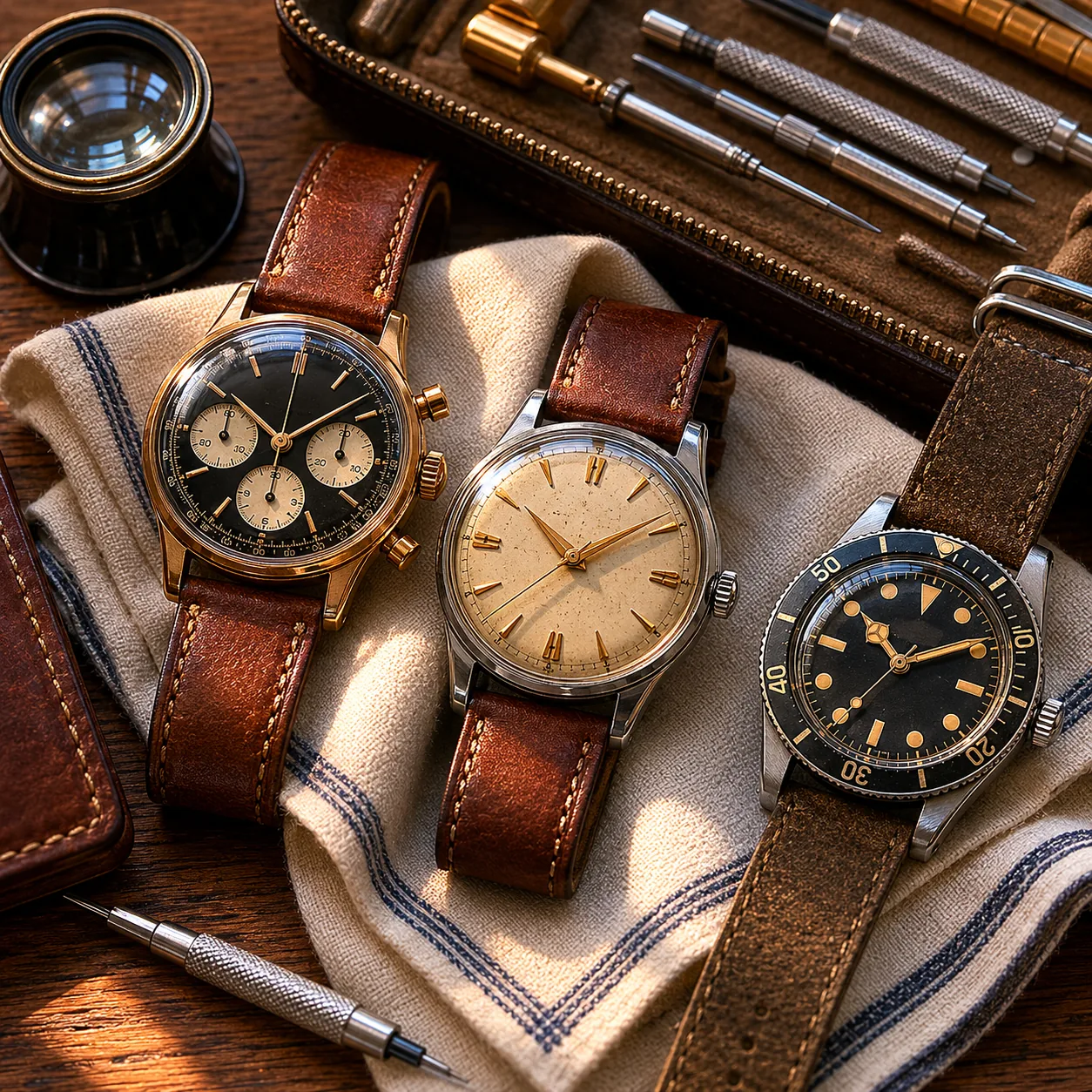 Realistic editorial photo of vintage wristwatches on a folded handkerchief near a small tool kit, warm natural light, 1: