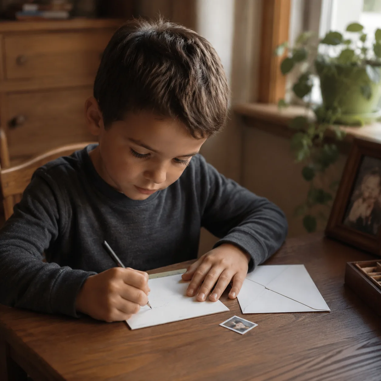 Realistic editorial photo of a child writing a thank-you note at a wooden desk with an envelope and stamp nearby, warm n