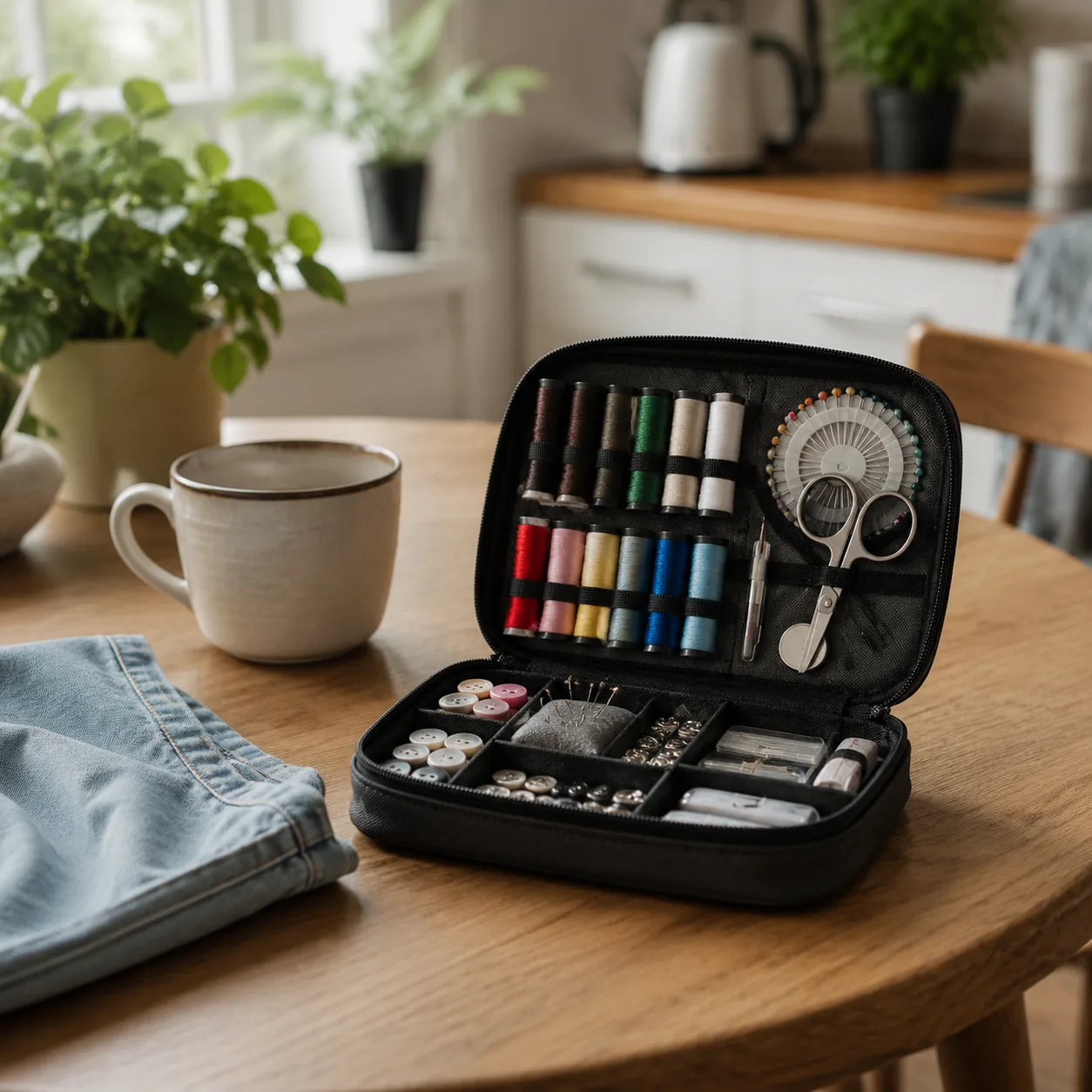 Realistic editorial photo of a compact sewing kit with thread, buttons, needles, and scissors on a small kitchen table,