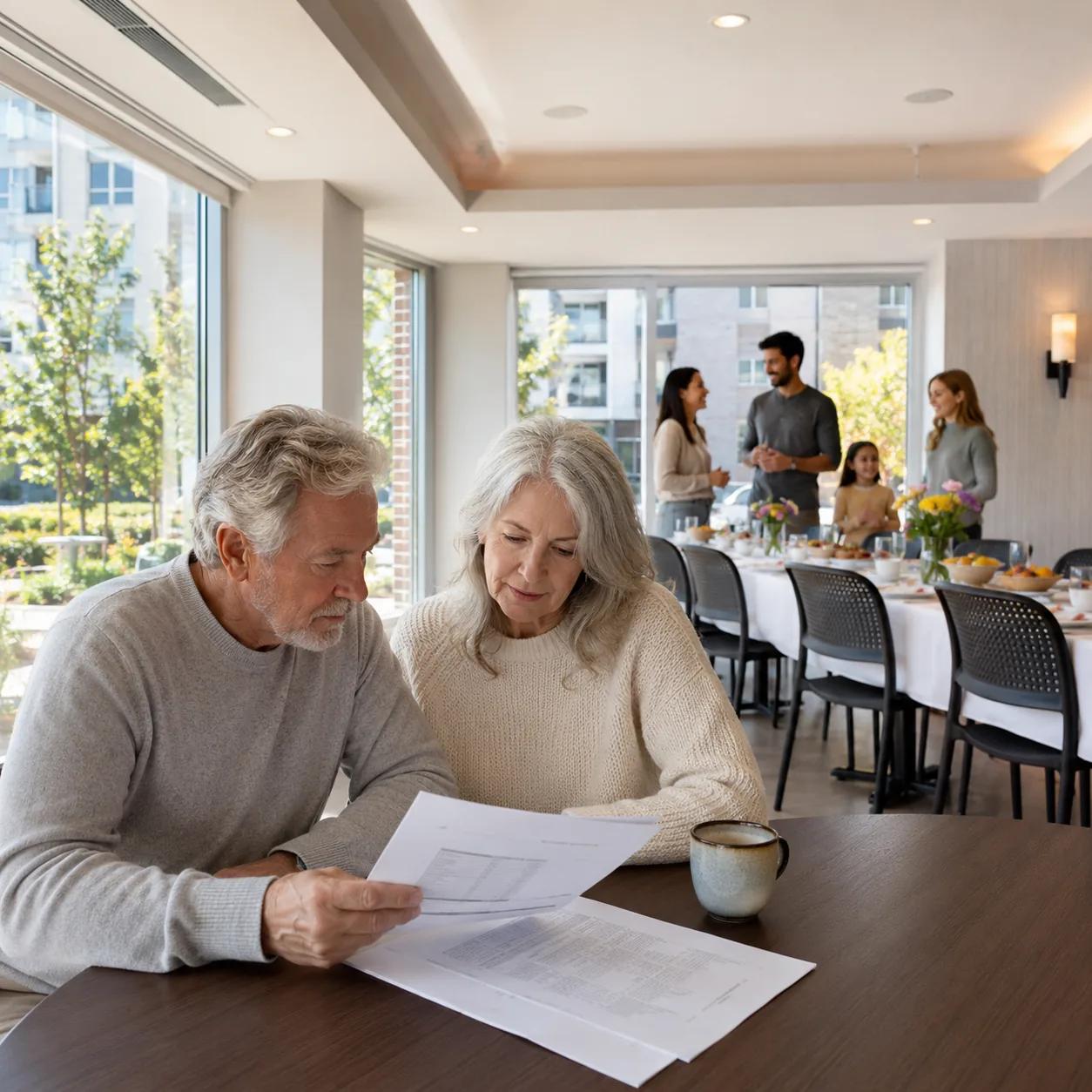 Realistic editorial photo of a condo community room set for a small family gathering with an older couple reviewing book