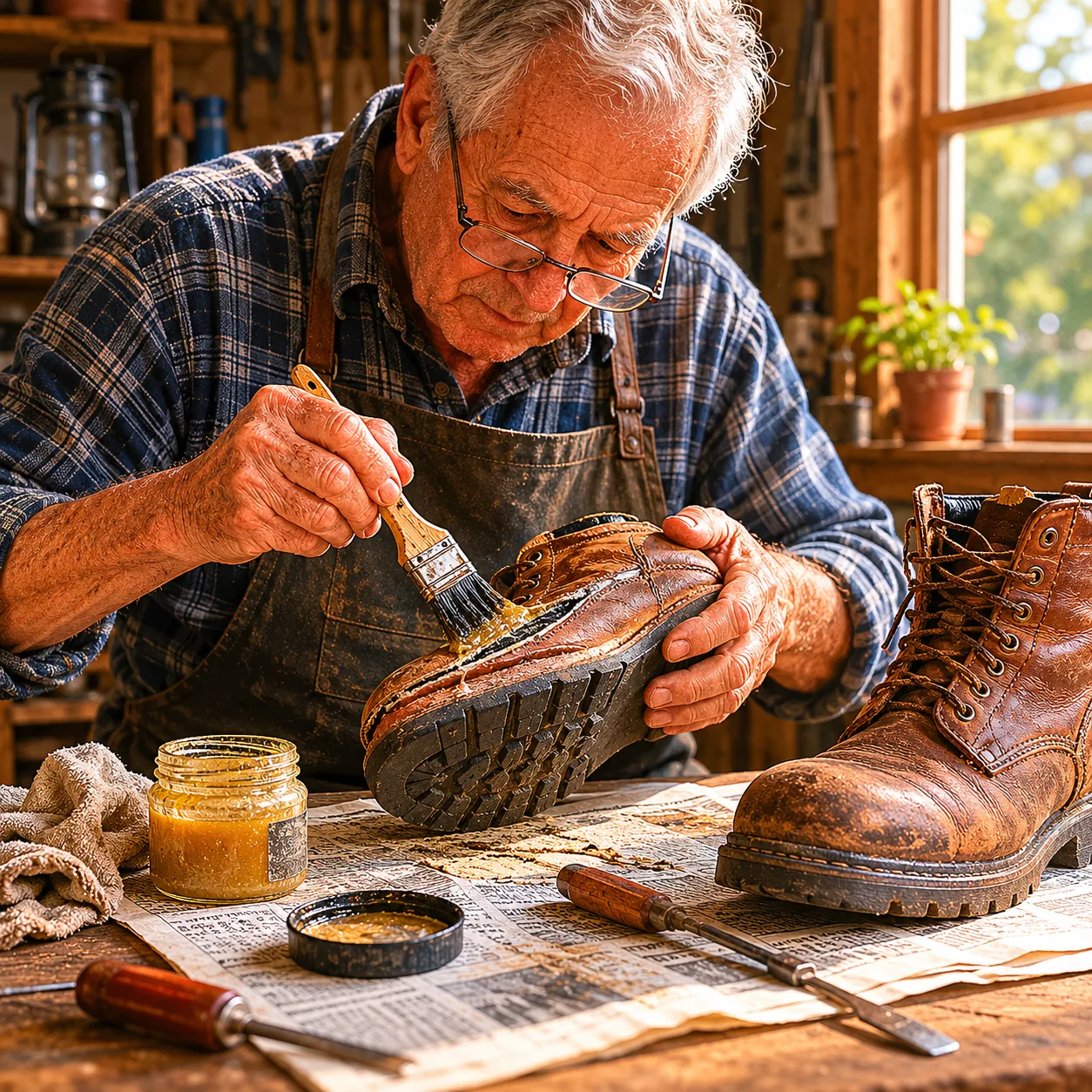 Realistic editorial photo of a grandfather polishing and gluing the sole of worn leather work boots on newspaper, warm n