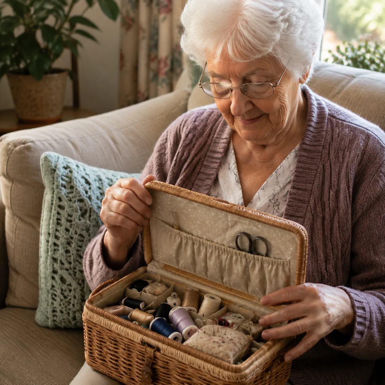 Realistic editorial photo of a grandmother opening a sewing basket with thread, needles, buttons, and small scissors on 
