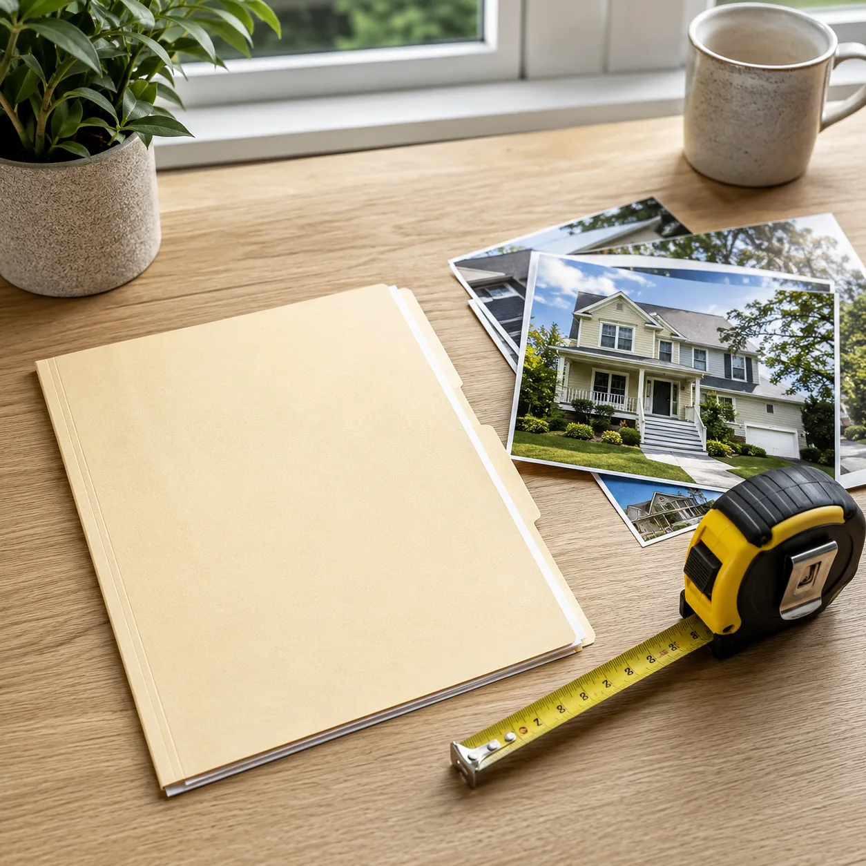 Realistic editorial photo of a home appraisal folder, measuring tape, and house photos on a desk, clean daylight, US mor