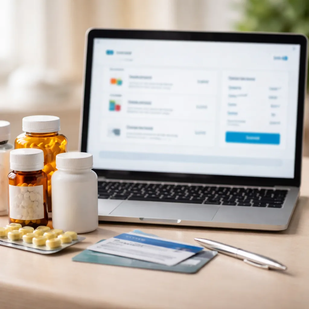Realistic editorial photo of a laptop pharmacy checkout page without readable text beside medication bottles and insuran