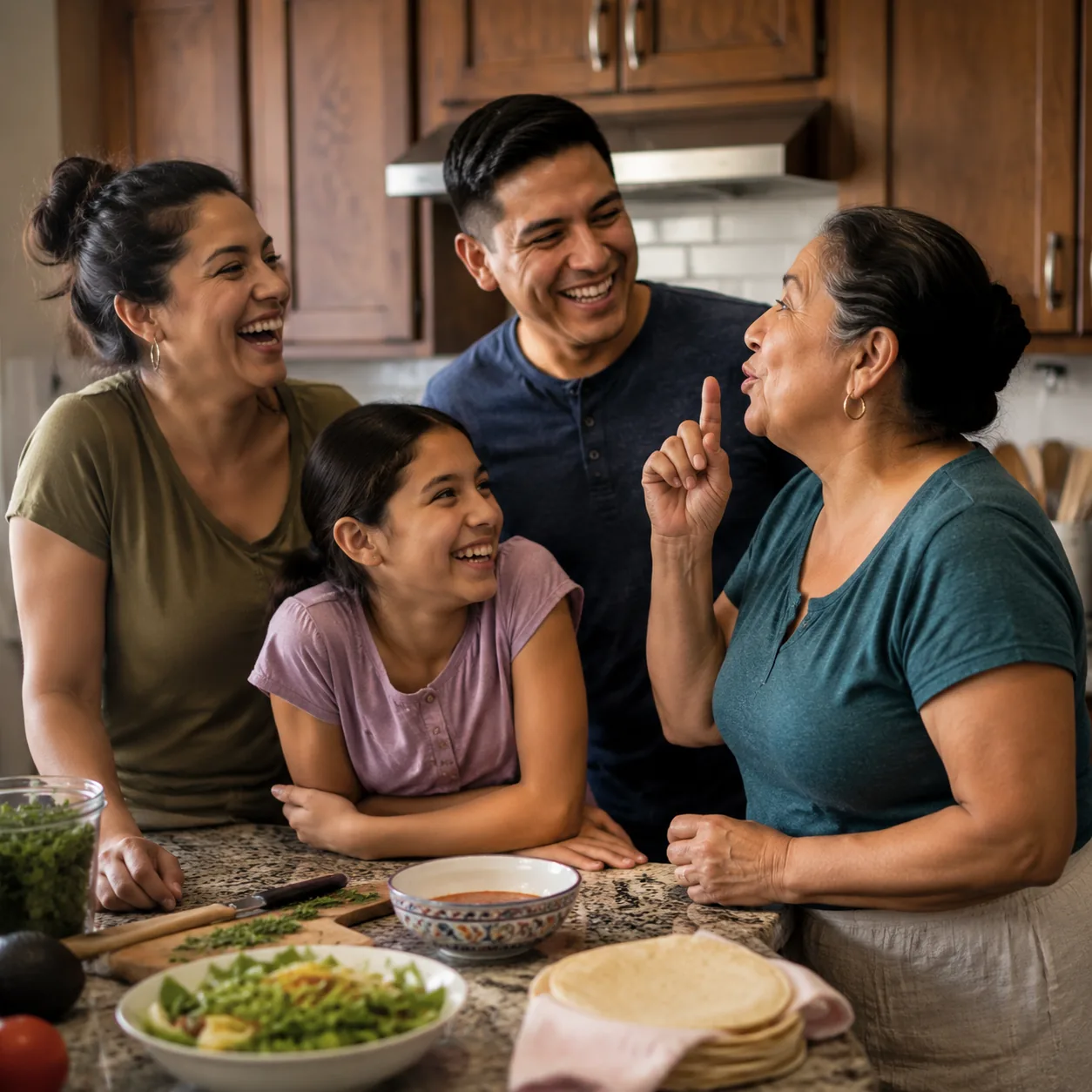 Realistic editorial photo of a Latino family laughing in a kitchen as an older relative uses a familiar household phrase