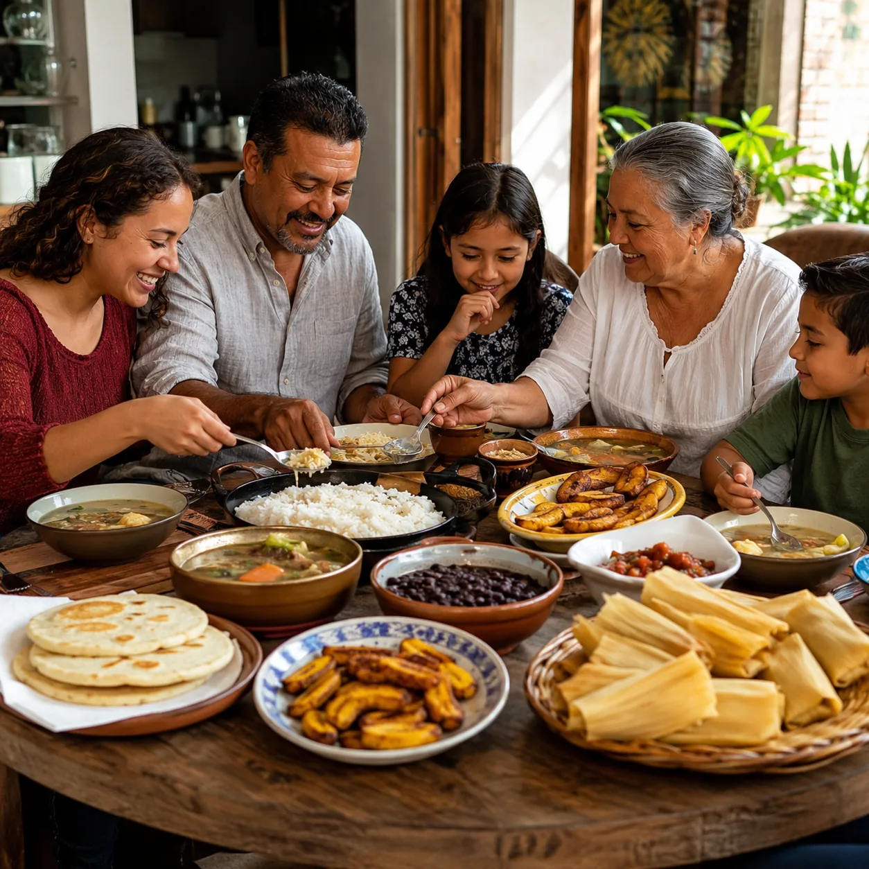 Realistic editorial photo of a Latino family table with tamales, arepas, rice, beans, plantains, and soup served family