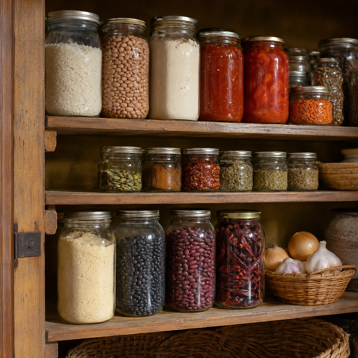 Realistic editorial photo of a pantry shelf with rice, beans, masa, canned tomatoes, spices, and dried chiles in glass j