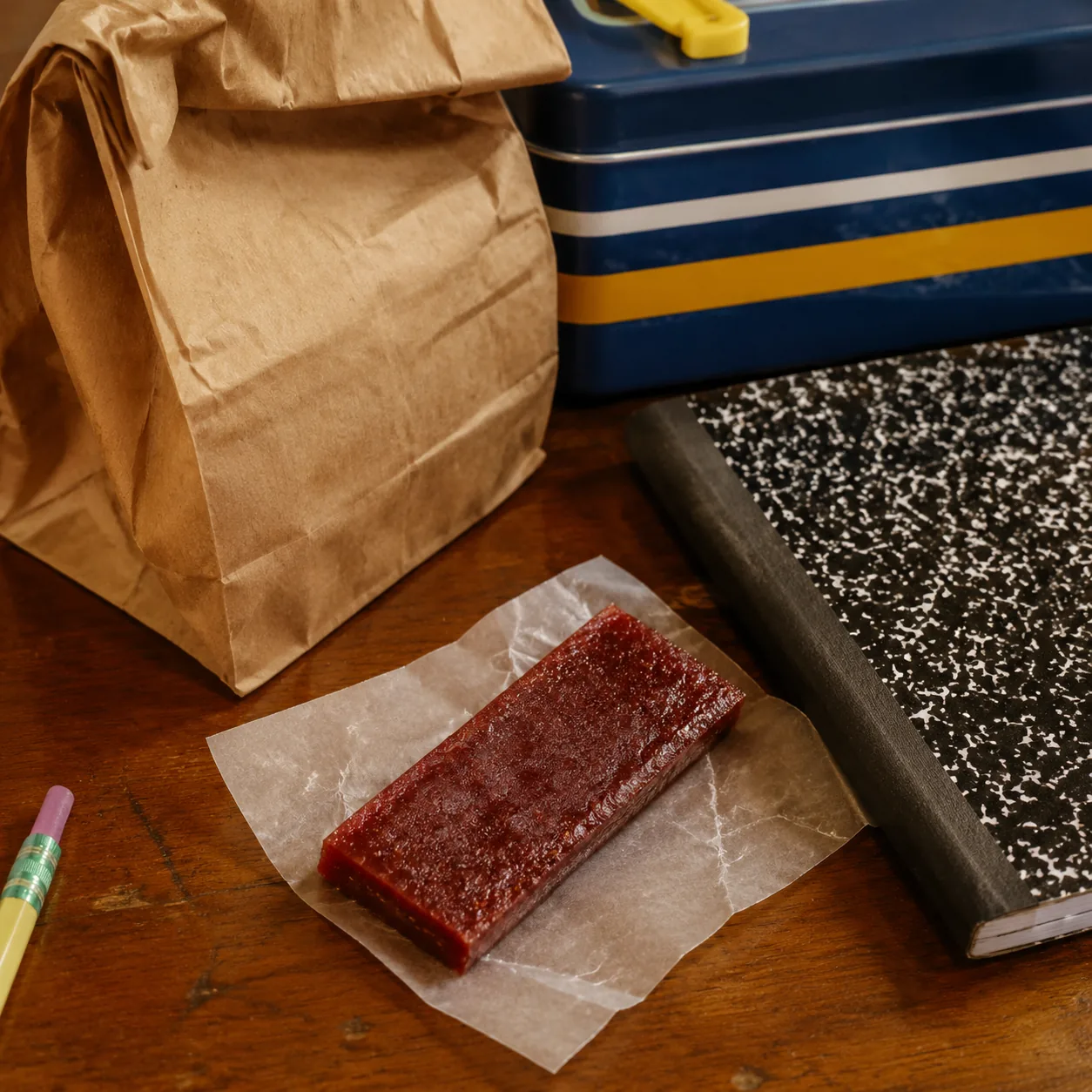 Realistic editorial photo of a rectangular fruit leather bar beside a paper lunch sack and school notebook, practical 19