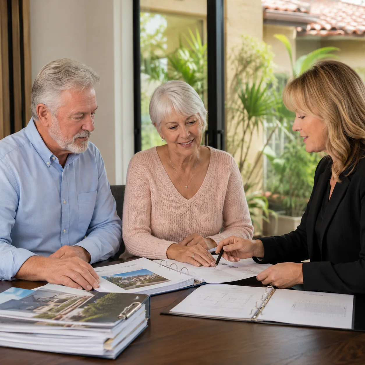 Realistic editorial photo of a retired couple sitting with a community manager while reviewing HOA rule binders and arch