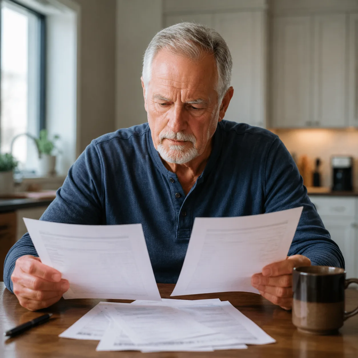 Realistic editorial photo of a retired homeowner comparing old and new monthly fee papers beside a coffee mug, practical