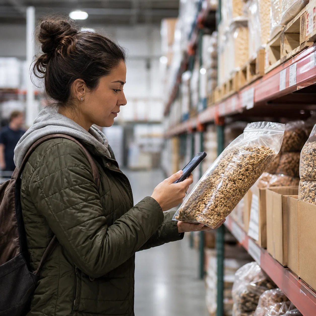 Realistic editorial photo of a shopper scanning a bulk item with a phone in a warehouse aisle without visible app brandi