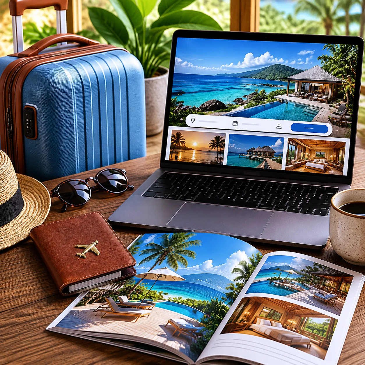 Realistic editorial photo of a suitcase, passport cover, resort brochure, and laptop travel booking page without visible