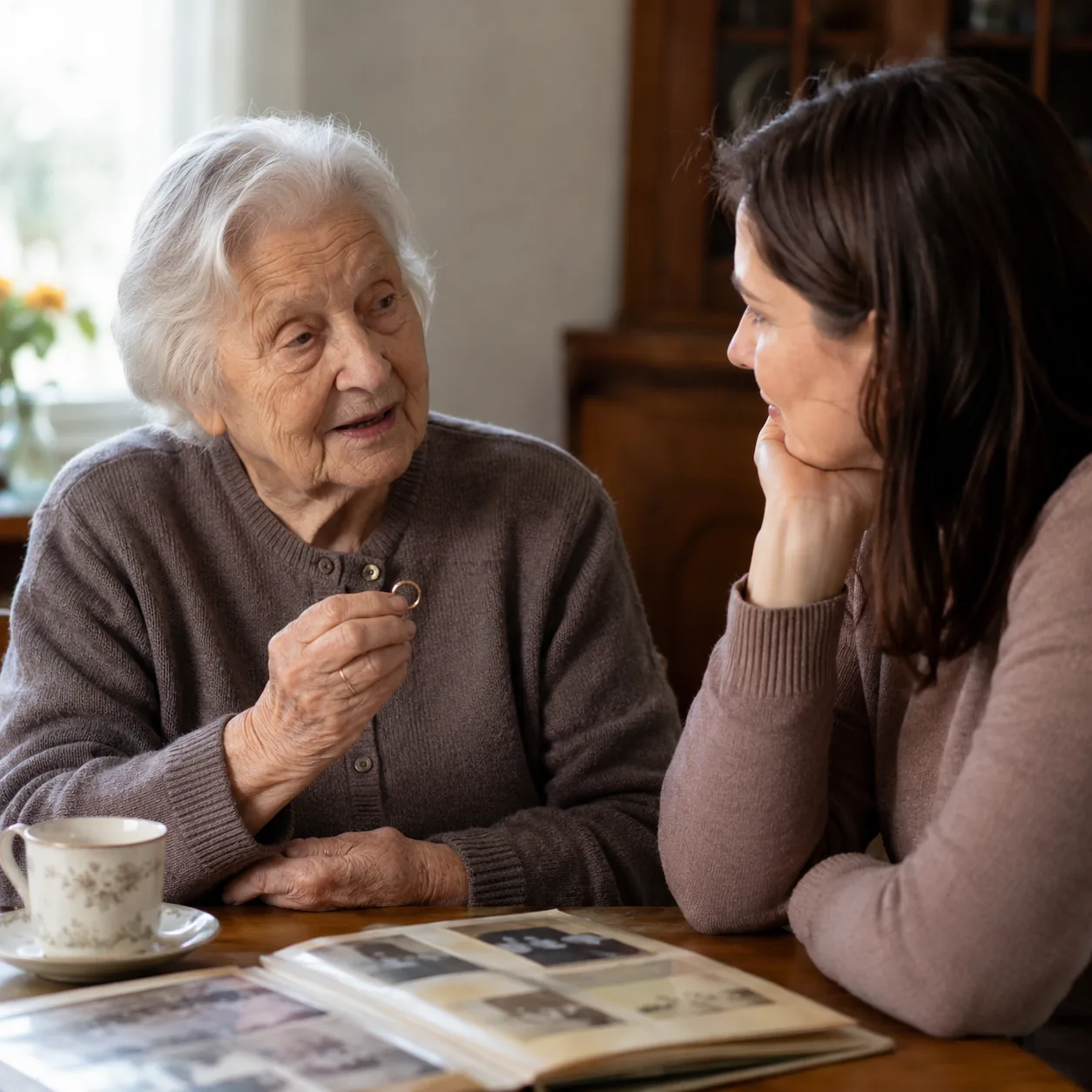 Realistic editorial photo of an elderly person holding a wedding ring while talking with an adult grandchild at a quiet