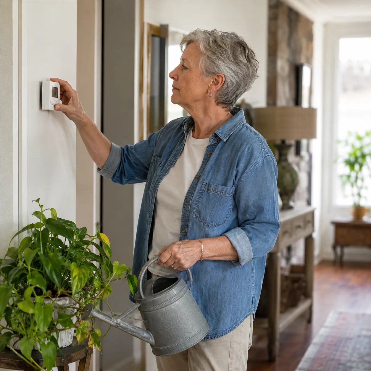 Realistic editorial photo of an older house sitter checking a thermostat and watering indoor plants in a tidy home, prac